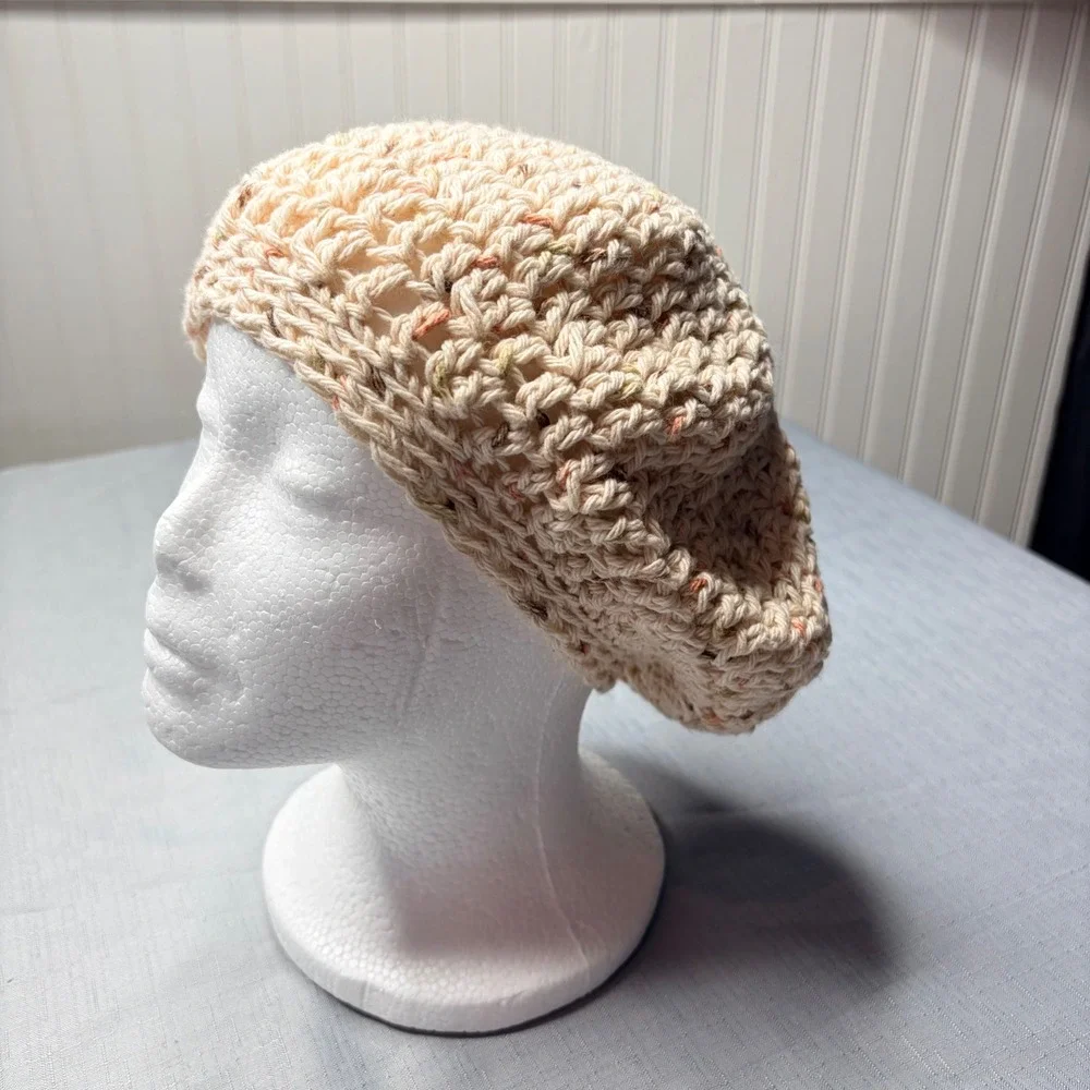 Handmade Crochet Beret OS Cream Multi Color Flecked Flower Slouchy Beanie Hat